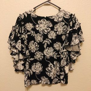Black and white, ruffle sleeve, floral top